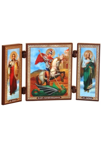 Иконы Георгий Победоносец с архангелами складень тройной (13 х 7,5 см)