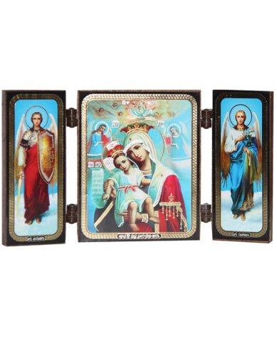 Иконы Достойно есть Божией Матери с архангелами складень тройной (13 х 7,5 см)