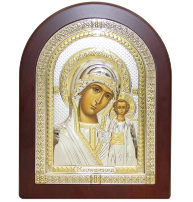 Иконы Казанская икона Божией Матери в серебряном окладе, ручная работа (17,5 х 22,5 см)