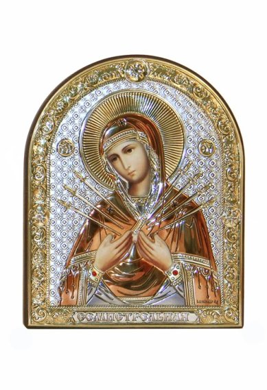 Иконы Семистрельная икона Божией Матери в серебряном окладе, ручная работа (10 х 12,5 см)
