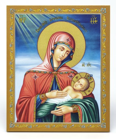 Иконы Успокоительница икона Божией Матери на доске объемная печать, золоченое покрытие (18 х 22 см, Софрино)