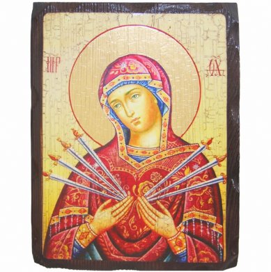 Иконы Семистрельная икона Божией Матери на доске под старину (18 х 24 см)