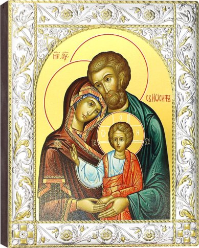 Иконы Святое Семейство, икона в посеребренном окладе 14 х 18 см