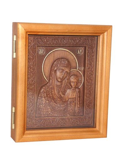 Иконы Казанская Божия Матерь, резная икона из дерева в киоте (16,5 х 20 см)