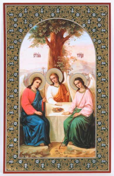 Иконы Святая Троица икона на оргалите (11 х 17,5 см, Софрино)