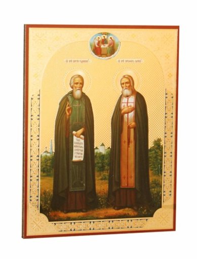 Иконы Сергий Радонежский и Серафим Саровский, икона на оргалите (11х13 см, Софрино)
