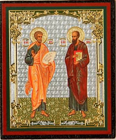 Иконы Икона святых апостолов Петра и Павла, литография на дереве (6 х 7,5 см, Софрино)