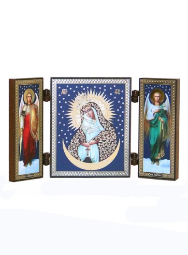 Иконы Остробрамская икона Божией Матери с архангелами складень тройной (13 х 7,5 см)