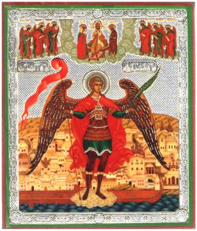 Иконы Михаил Архангел с предстоящими икона, литография на дереве (9 х 10,5 см)