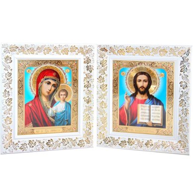 Иконы Венчальная пара Господь Вседержитель-Казанская БМ икона в багетной рамке (22 х 25 см)