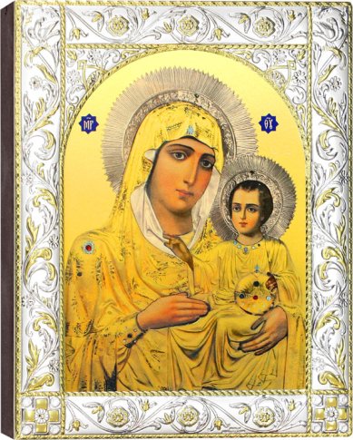Иконы Иерусалимская икона Божией Матери, икона в посеребренном окладе 14 х 18 см