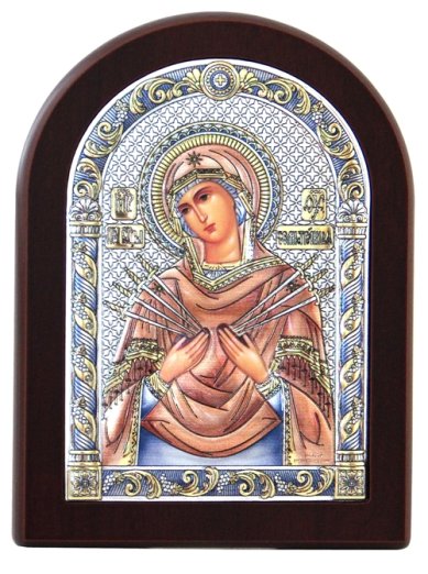 Иконы Семистрельная икона Божией Матери  в серебряном окладе, ручная работа (12 х 16 см)