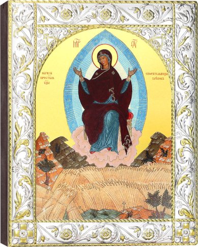Иконы Спорительница Хлебов, икона Божией Матери в посеребренном окладе 14 х 18 см