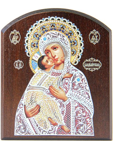 Иконы Владимирская икона Божией Матери, на доске аркой, 10х12 см
