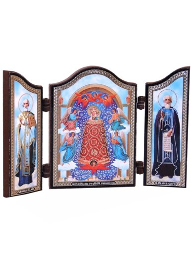 Иконы Прибавление ума икона Божией Матери с предстоящими, складень тройной (13 х 8,5 см)