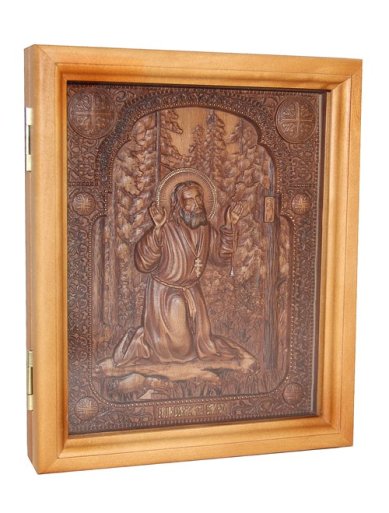 Иконы Серафим Саровский, резная икона из дерева в киоте (28 х 25 см)
