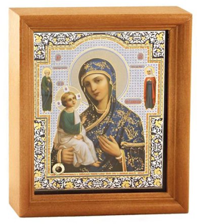 Иконы Иерусалимская икона Божией Матери с предстоящими под стеклом с мощевиком (13 х 16 см, Софрино)