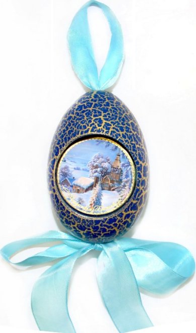 Утварь и подарки Рождественская подвеска яйцо «С Рождеством Христовым!» (домики и храм, синее)