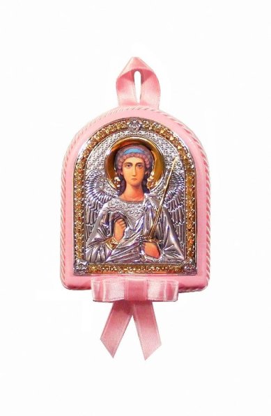 Иконы Ангел Хранитель икона детская, в серебряном окладе (розовая, 7,5 х 9,5 см)