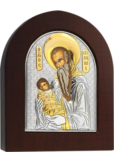 Иконы Стилиан Пафлагонский преподобный икона в серебряном окладе (8,5 х 10 см)
