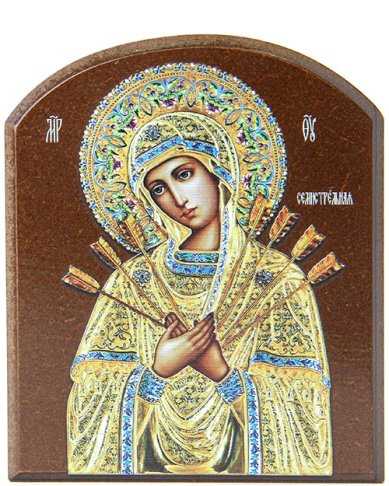 Иконы Семистрельная икона Божией Матери, на доске аркой, 10х12 см