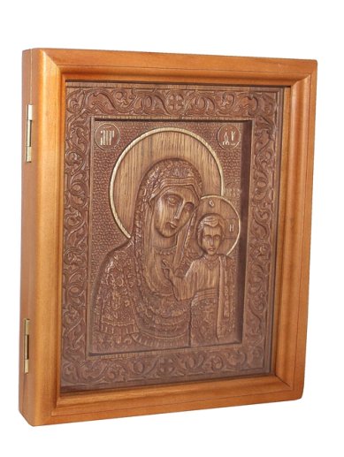 Иконы Казанская Божия Матерь, резная икона из дерева в киоте (28 х 25 см)