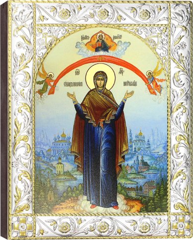 Иконы Покров Пресвятой Богородицы, икона в посеребренном окладе 14 х 18 см