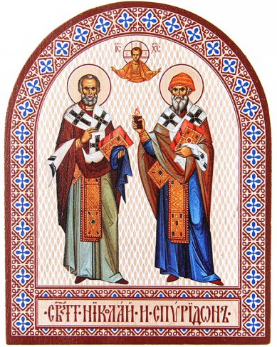 Иконы Святители Николай и Спиридон Тримифунтский, икона аркой из дерева, 9,5×12 см