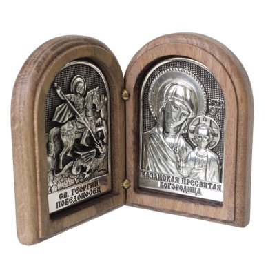 Иконы Складень двойной с иконами Георгия Победоносца и Казанской Божией Матери (5 х 6,7 см, дерево, гальваника)