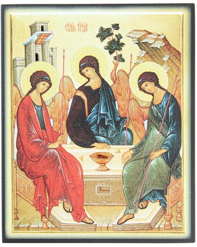 Иконы Святая Троица, икона на доске 13 х 15 объёмная печать, лак