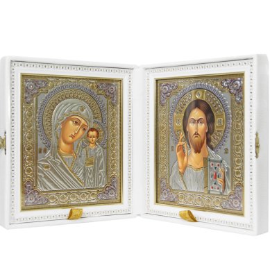 Иконы Складень Казанская Божия Матерь, Спаситель, ручная работа (белая искусственная кожа, размер иконы 17,5 х 20,5 см)