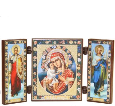 Иконы Жировицкая икона Божией Матери с архангелами складень тройной (13 х 7,5 см)