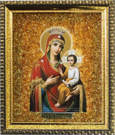 Иконы Скоропослушница, икона Божией Матери с янтарной крошкой, 14 х 16 см