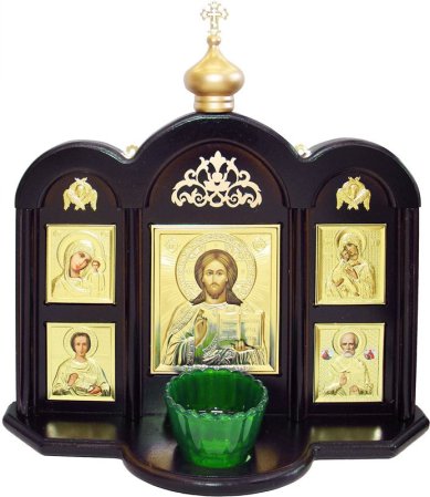 Утварь и подарки Иконостас с 5-ю иконами и лампадой (липа, риза-латунь, изображение-полиграфия)