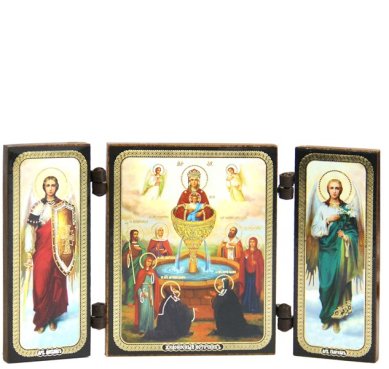 Иконы Живоносный источник икона Божией Матери с архангелами складень тройной (13 х 7,5 см)