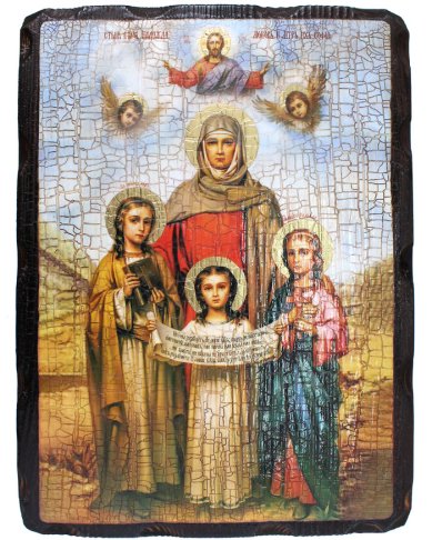 Иконы Вера, Надежда, Любовь и мать их София, икона на доске под старину 22 х 30 см