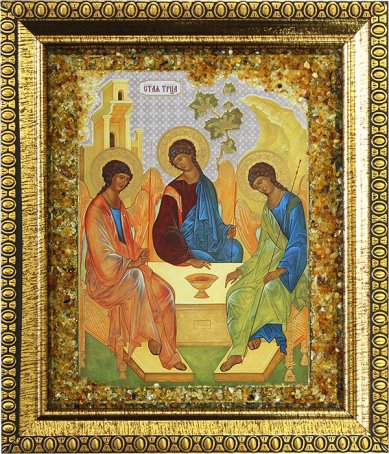 Иконы Святая Троица, икона с янтарной крошкой, 14 х 16 см
