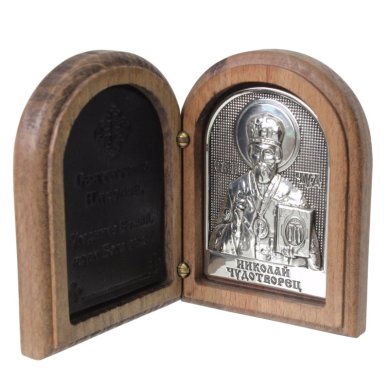Иконы Складень двустворчатый с образом Николая Чудотворца и молитвой (искусственная кожа, 5 х 6,7 см)
