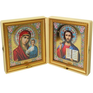 Иконы Складень Казанская Божия Матерь, Спаситель, ручная работа (искусственная кожа, размер иконы 17 х 20 см)