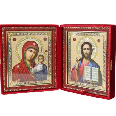 Иконы Складень Казанская Божия Матерь, Спаситель, ручная работа (парча, размер иконы 17,5 х 20,5 см)