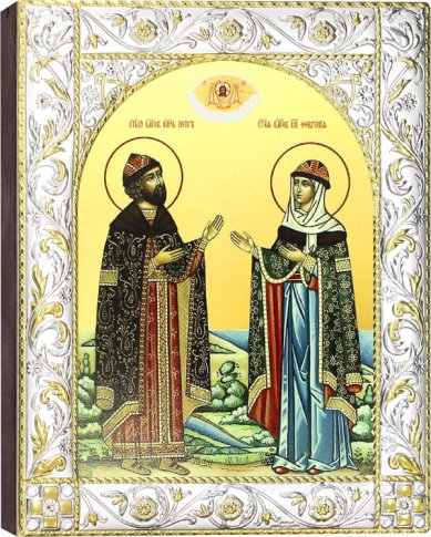 Иконы Петр и Феврония, икона в посеребренном окладе 14 х 18 см