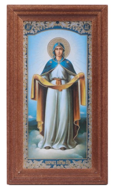 Иконы Покров Божией Матери, икона в деревянной рамке (7,5 х 13,5 см, Софрино)