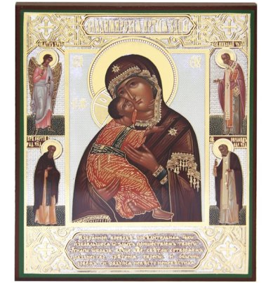 Иконы Владимирская икона Божией Матери с предстоящими литография на дереве (17,5 х 21 см)