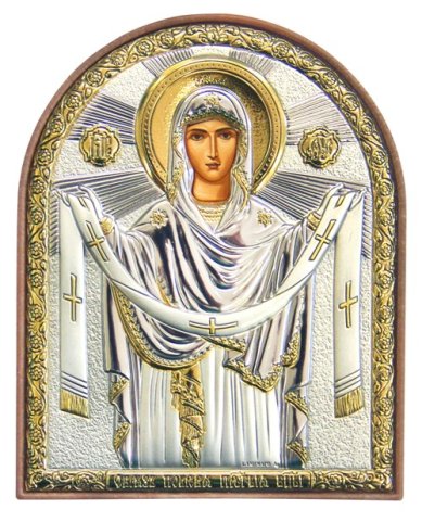 Иконы Покров икона Божией Матери в серебряном окладе на пластике (8,5 х 10,5 см)