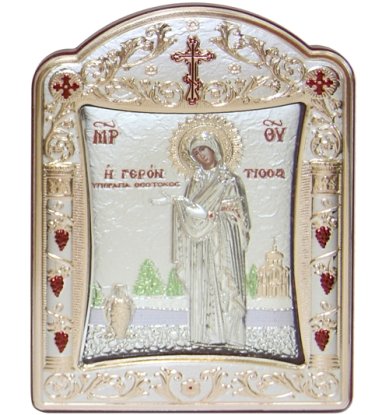 Иконы Геронтисса икона Божией Матери греческая в серебряном окладе ручная работа (11,5 х  15,3 см)