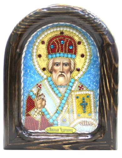 Иконы Николай Чудотворец икона из бисера (золотой фон, 12 х 15,5 см)