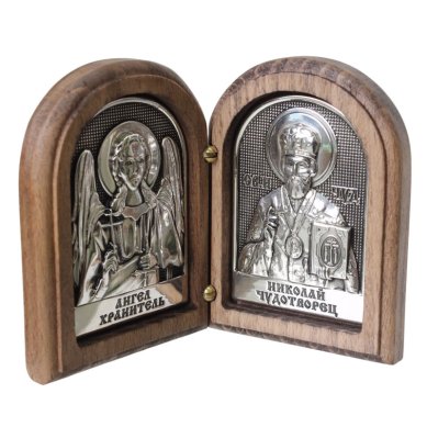 Иконы Складень двойной с иконами Ангела Хранителя и Николая Чудотворца (5 х 6,7 см, дерево, гальваника)