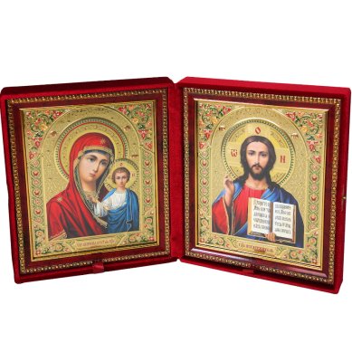 Иконы Складень Казанская Божия Матерь, Спаситель, ручная работа (парча, размер иконы 17,5 х 20,5 см)