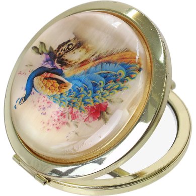 Утварь и подарки Зеркало карманное двойное с селенитной вставкой «Павлин» (7 см)