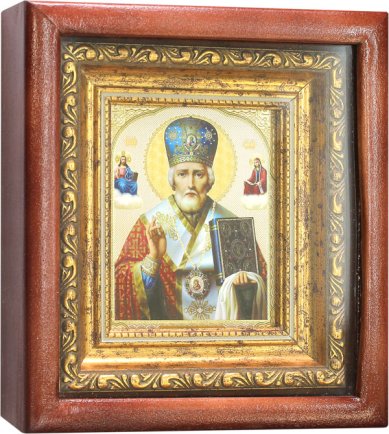 Иконы Святитель Николай Чудотворец в синей митре, икона в киоте с багетом, 16,5 х 19 см